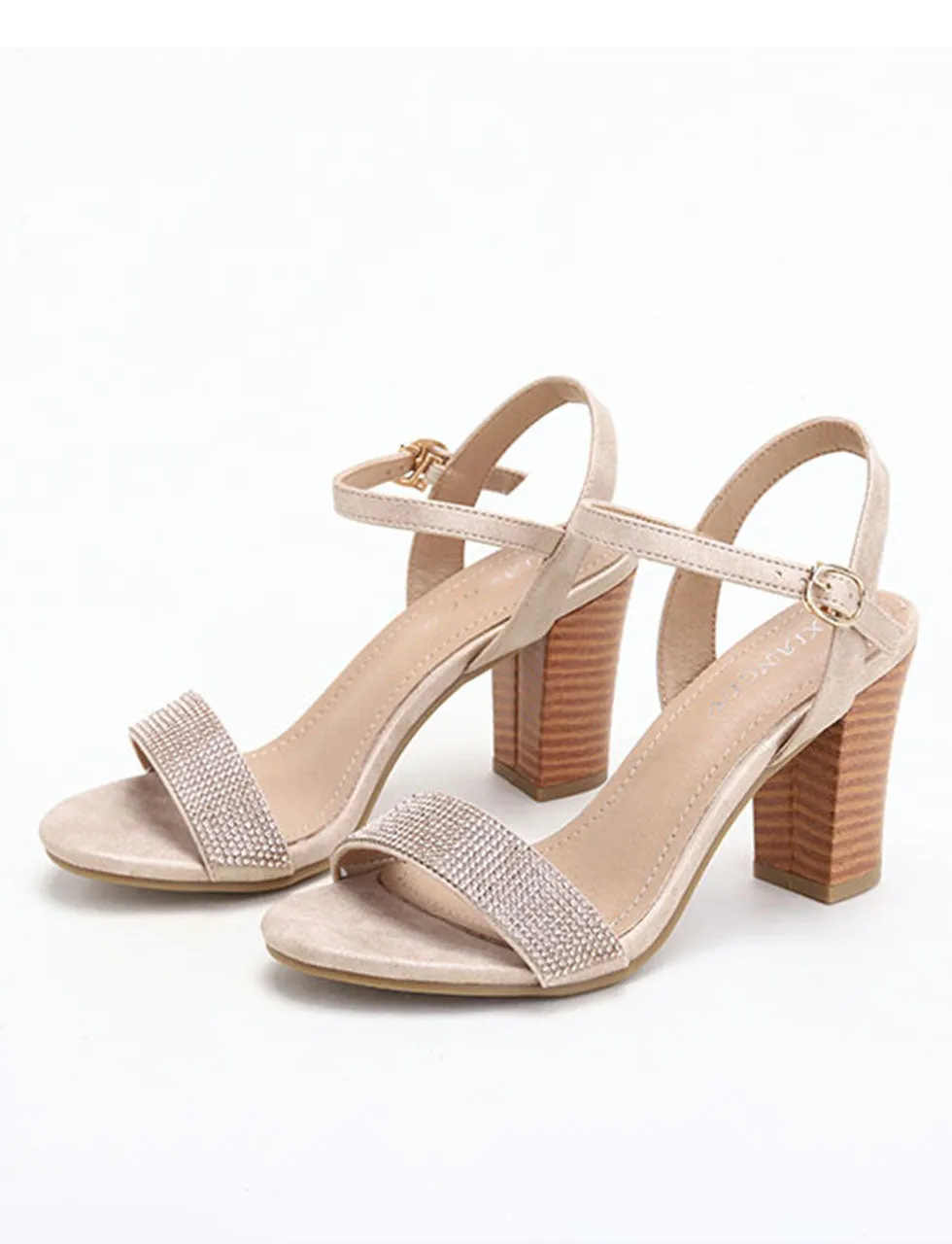 Apricot Hollow Out One Strapless Chunky Heel Sandals With Diamonds For Women