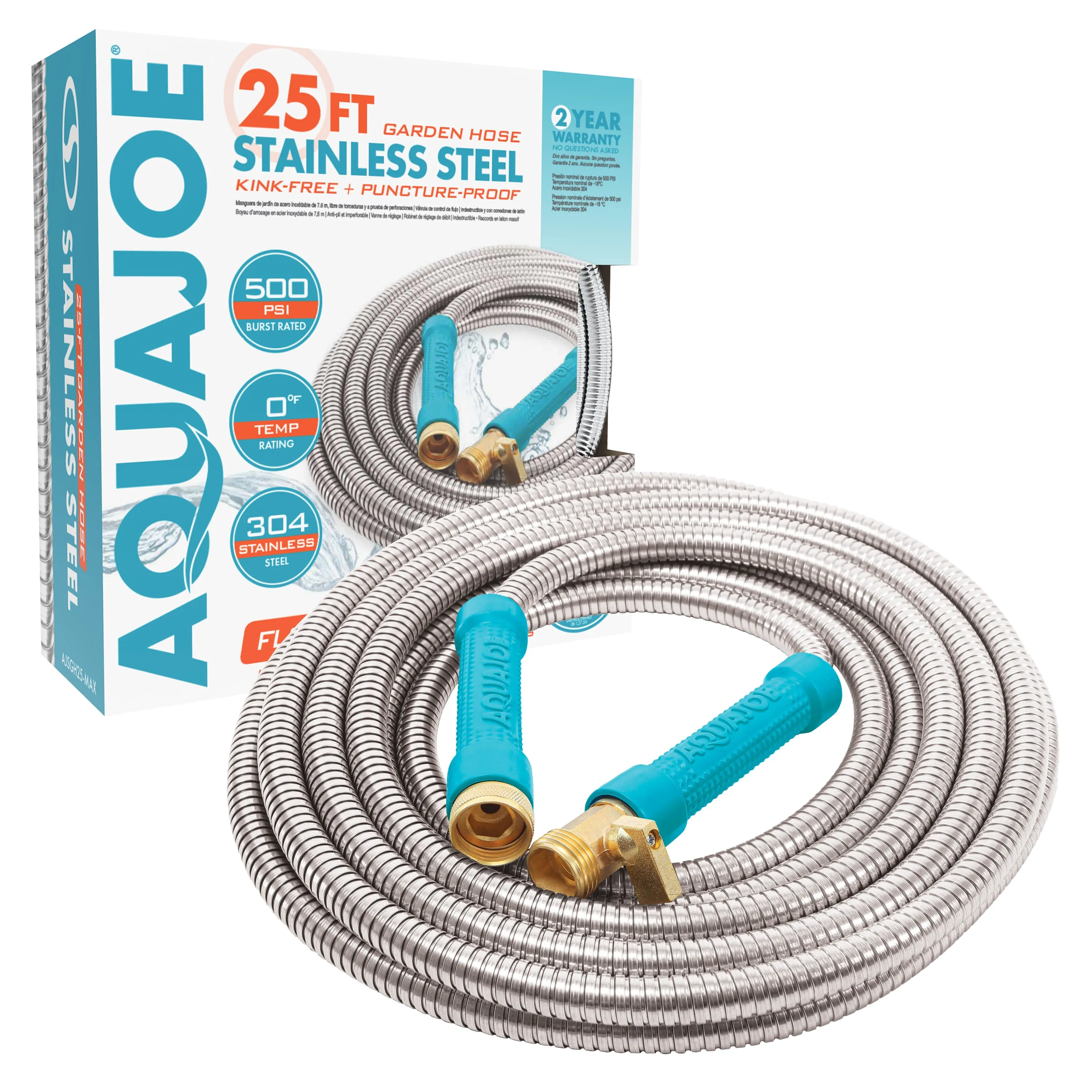 Aqua Joe AJSGH25-MAX Heavy-Duty Puncture Proof Kink-Free Garden Hose | 25-Foot | 1/2-Inch | w/ Brass Fitting & On/Off Valve | Spiral Constructed 304-Stainless Steel Metal