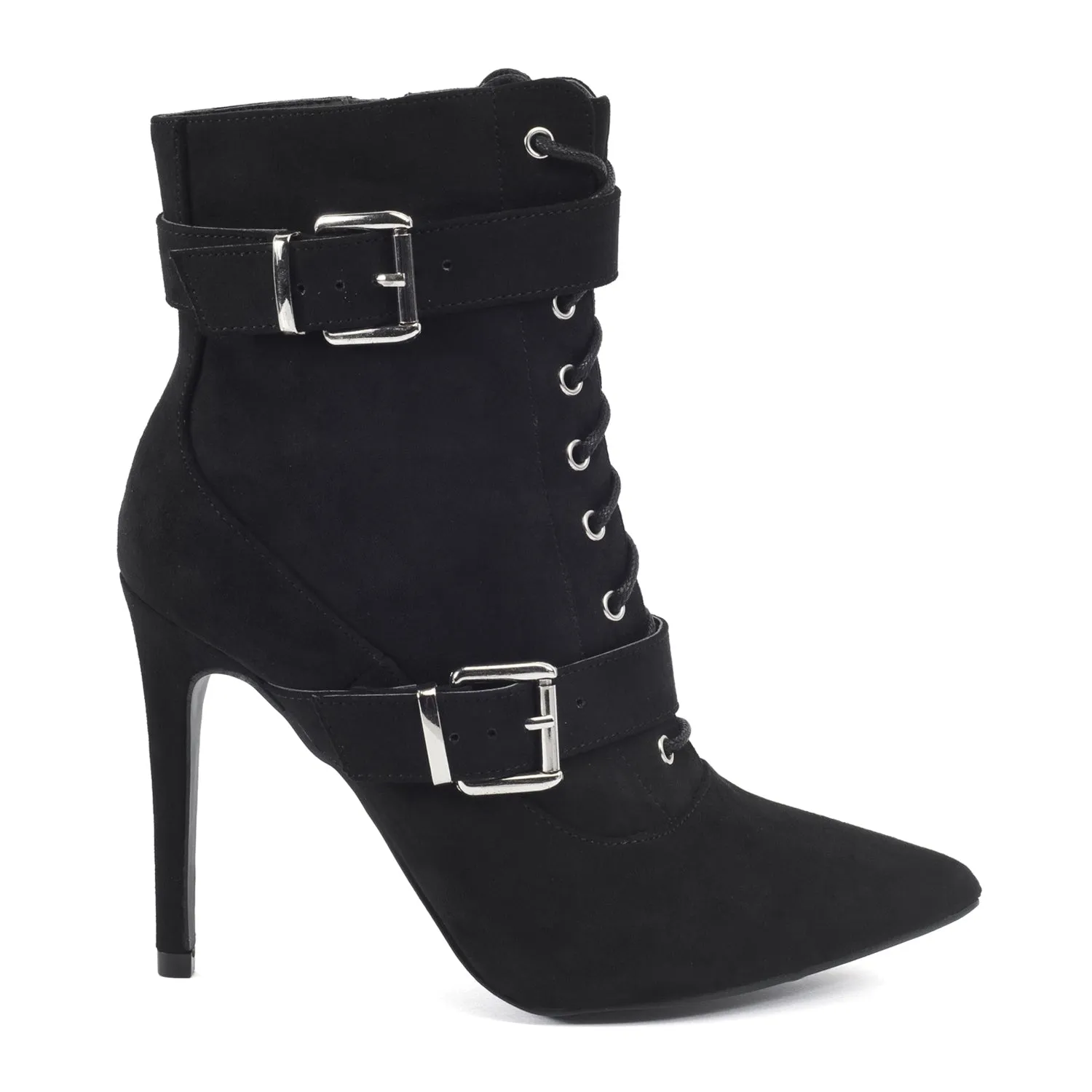 Black Buckle Detail Lace Up Ankle Boots