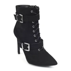 Black Buckle Detail Lace Up Ankle Boots