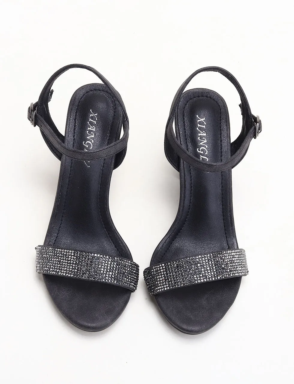 Black Hollow Out One Strapless Chunky Heel Sandals With Diamonds For Women