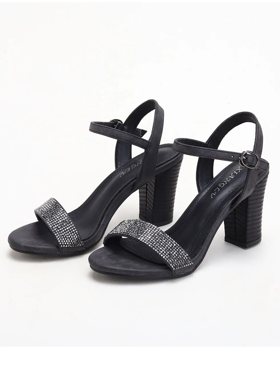 Black Hollow Out One Strapless Chunky Heel Sandals With Diamonds For Women