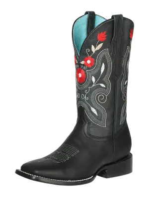 Botas Vaqueras Rodeo con Tubo Bordado de Flores de Piel Genuina para Mujer 'El General' - ID: 125366