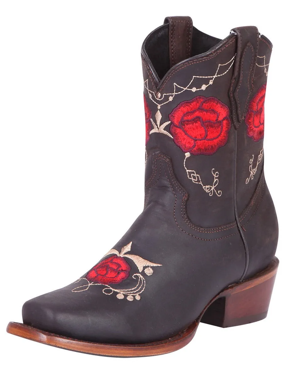 Botas Vaqueras Rodeo con Tubo Bordado de Flores de Piel Genuina para Mujer 'El General' - ID: 41832