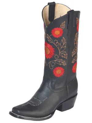 Botas Vaqueras Rodeo con Tubo Bordado de Flores de Piel Genuina para Mujer 'El General' - ID: 51163