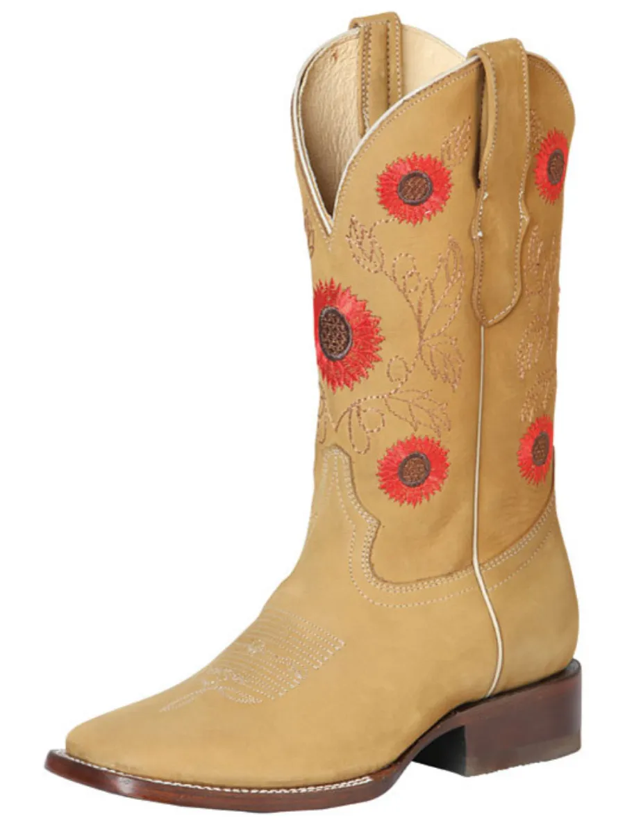 Botas Vaqueras Rodeo con Tubo Bordado de Flores de Piel Nobuck para Mujer 'El General' - ID: 51125