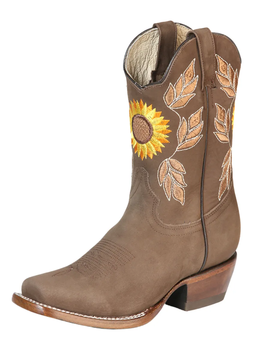 Botas Vaqueras Rodeo con Tubo Bordado de Flores de Piel Nobuck para Mujer 'El General' - ID: 51164