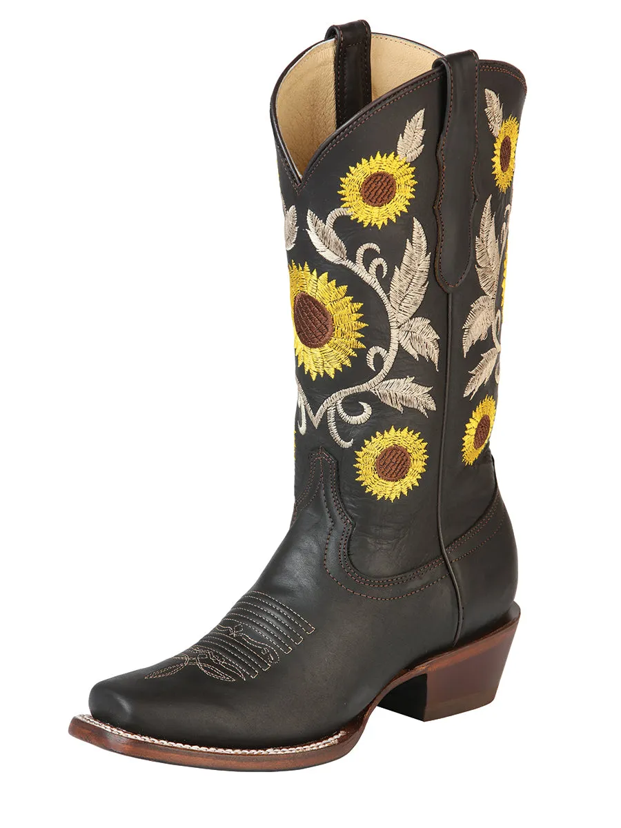 Botas Vaqueras Rodeo con Tubo Bordado de Girasoles de Piel Genuina para Mujer 'Centenario' - ID: 125773