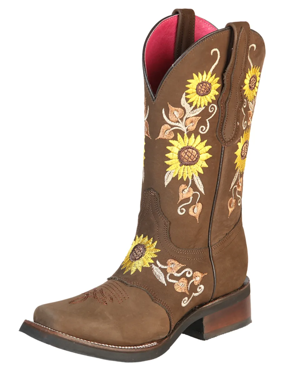 Botas Vaqueras Rodeo de Antifaz con Tubo Bordado de Girasoles de Piel Nobuck para Mujer 'El General' - ID: 51148