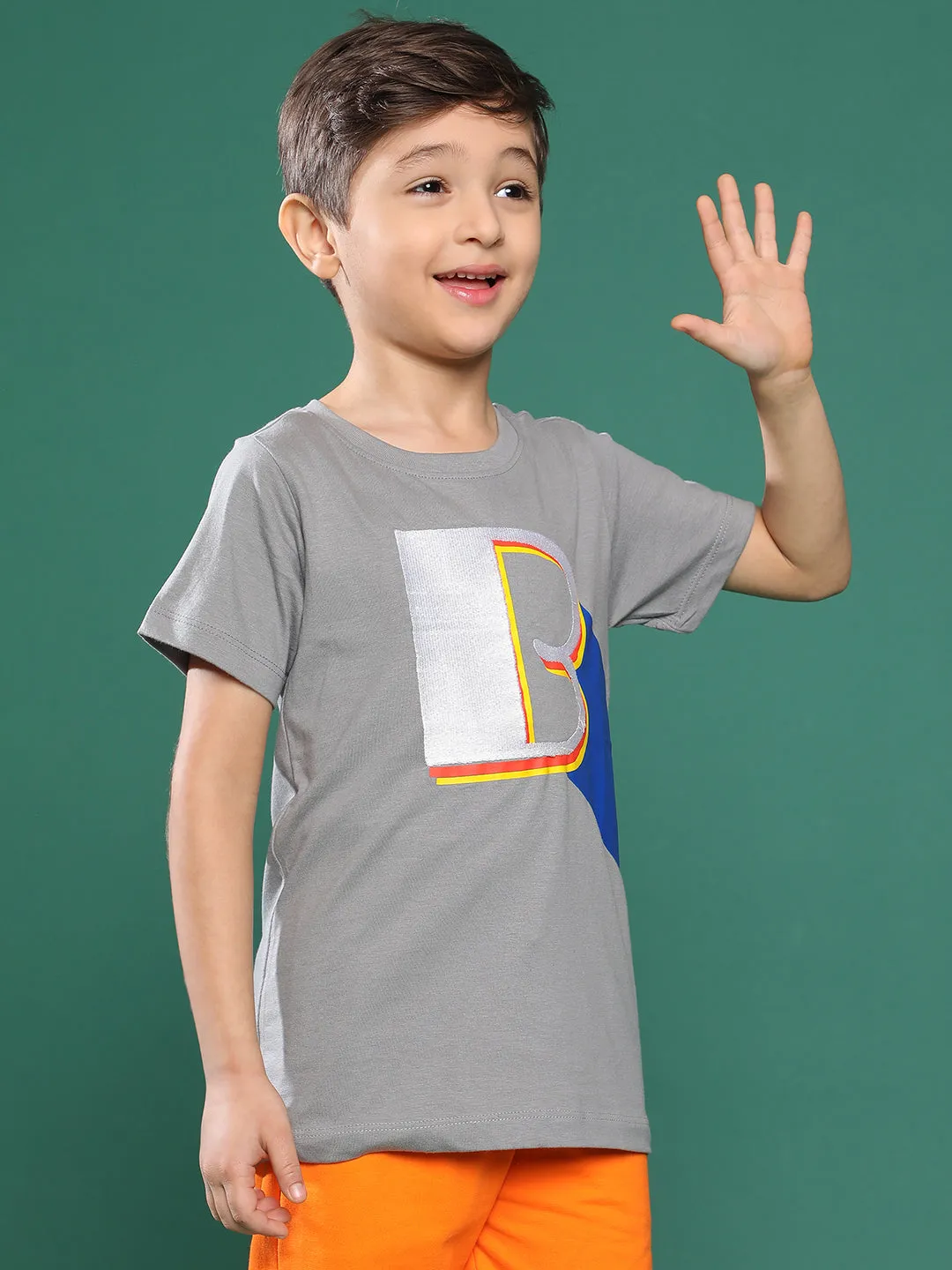 Boys Light Grey Printed Cotton T-shirt