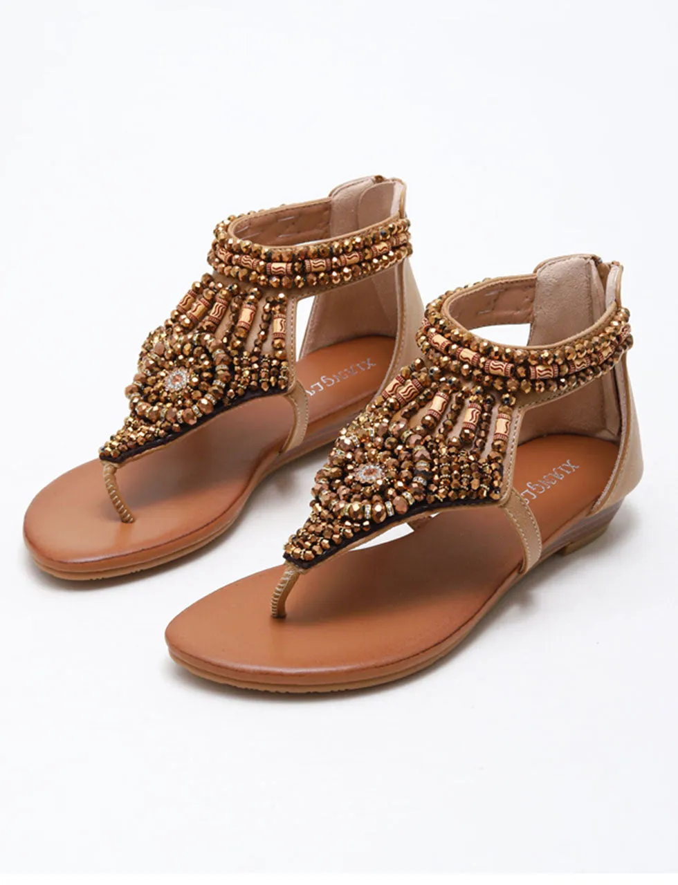 Brown Hollow Out Toe Ring Sandals With Boho Bead Decoration For Women