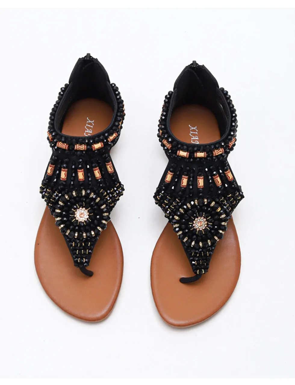 Brown Hollow Out Toe Ring Sandals With Boho Bead Decoration For Women