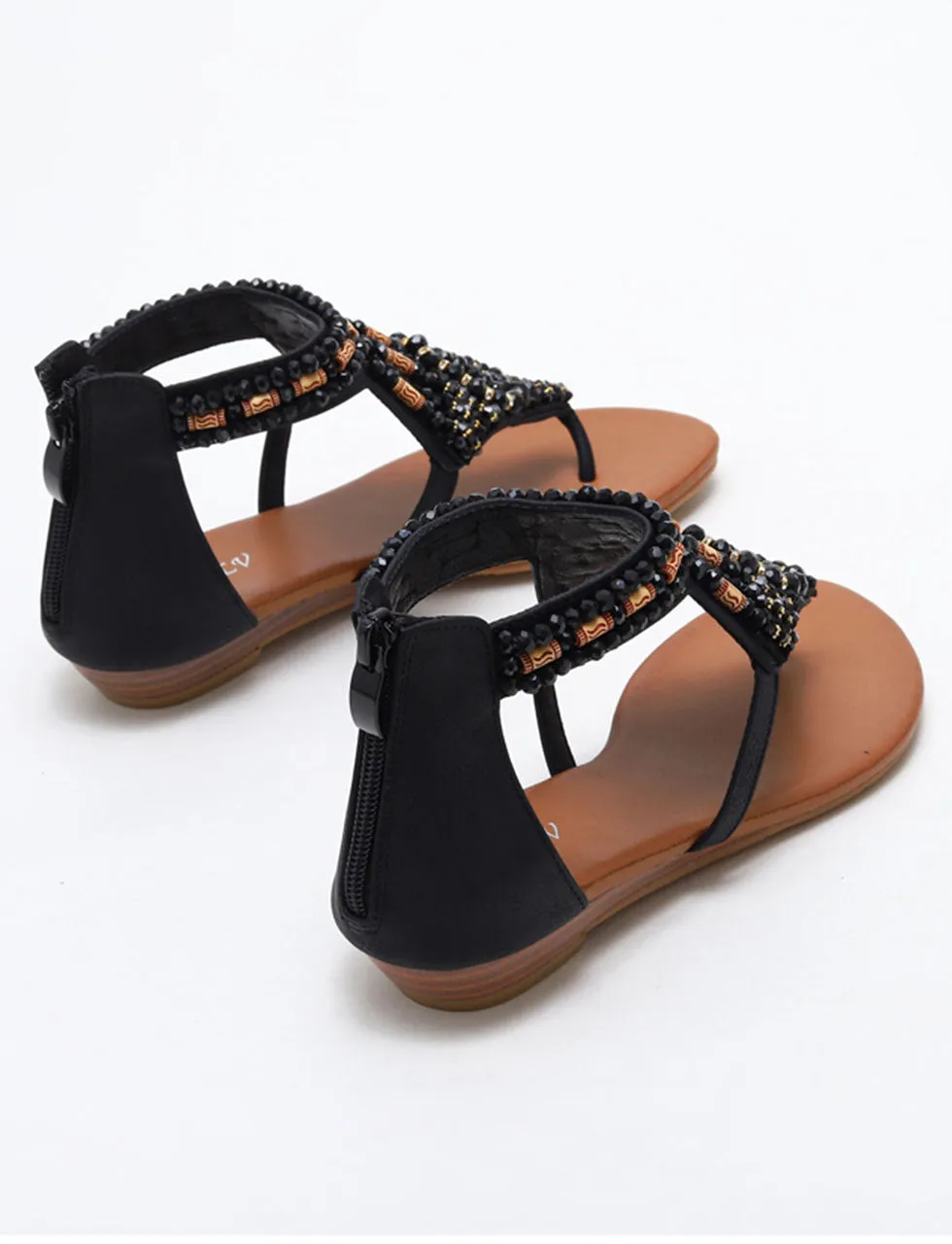 Brown Hollow Out Toe Ring Sandals With Boho Bead Decoration For Women