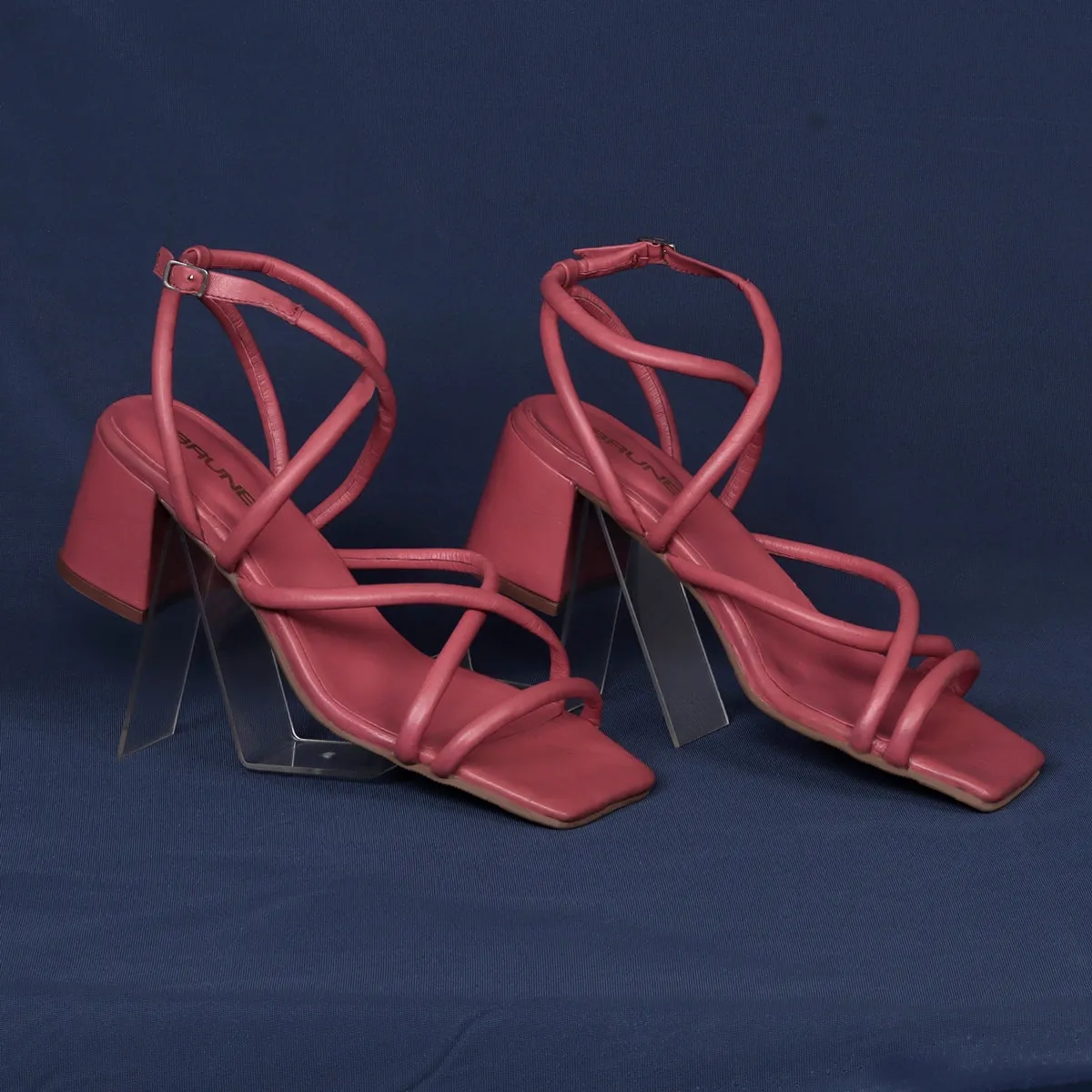 Criss-Cross Pink Genuine Leather Blocked Heel Buckle Strap Sandal For Ladies By Brune & Bareskin