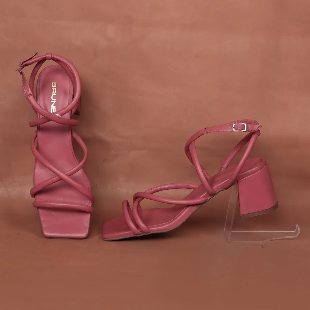 Criss-Cross Pink Genuine Leather Blocked Heel Buckle Strap Sandal For Ladies By Brune & Bareskin