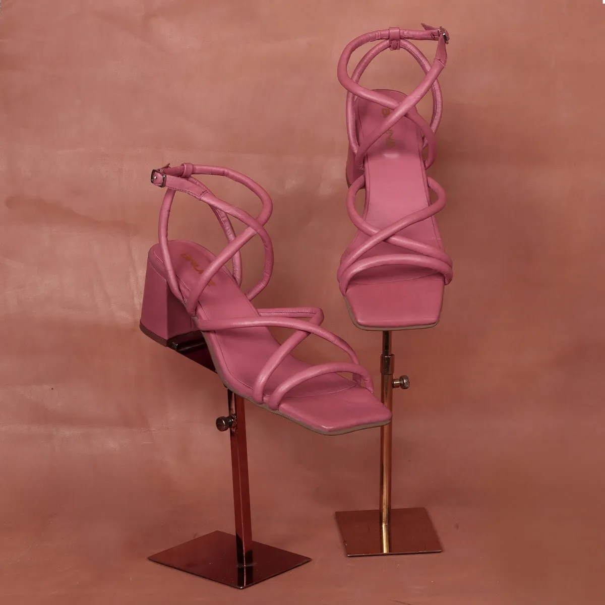 Criss-Cross Pink Genuine Leather Blocked Heel Buckle Strap Sandal For Ladies By Brune & Bareskin