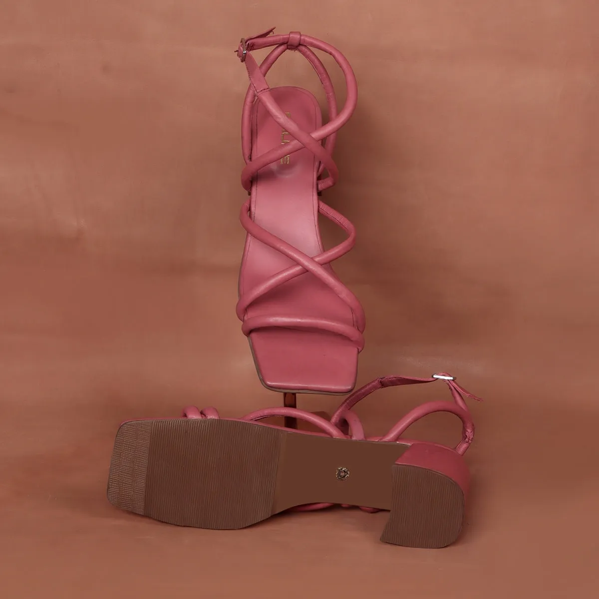 Criss-Cross Pink Genuine Leather Blocked Heel Buckle Strap Sandal For Ladies By Brune & Bareskin