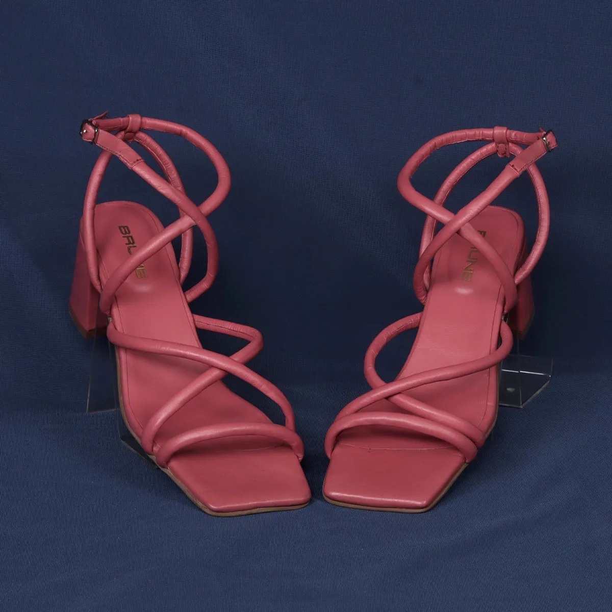 Criss-Cross Pink Genuine Leather Blocked Heel Buckle Strap Sandal For Ladies By Brune & Bareskin