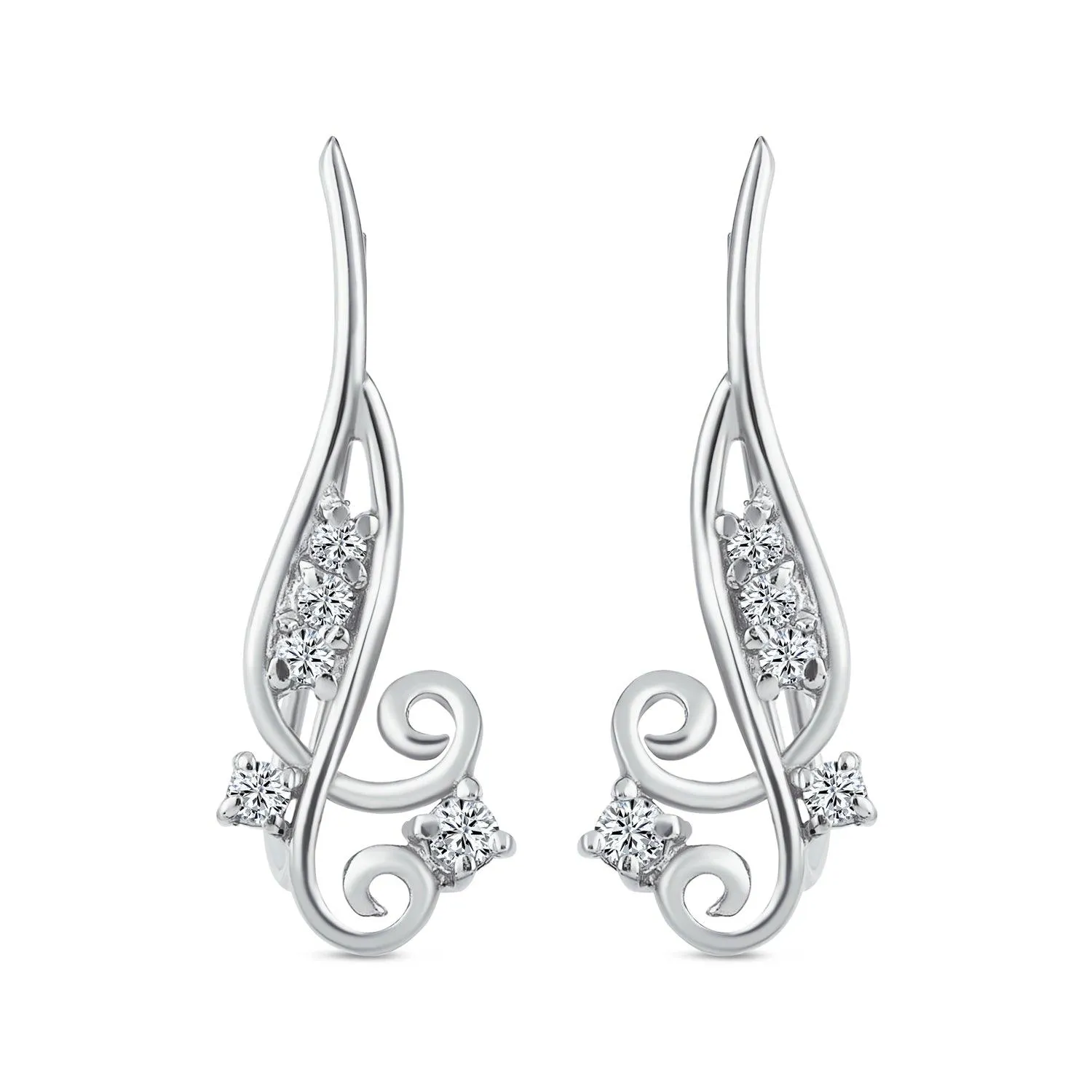 CZ Swirl Wire Ear Pin Climbers Crawlers Earrings Round Sterling Silver