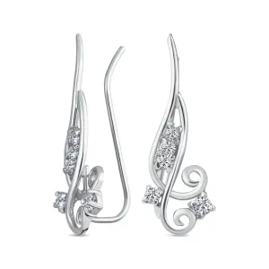 CZ Swirl Wire Ear Pin Climbers Crawlers Earrings Round Sterling Silver