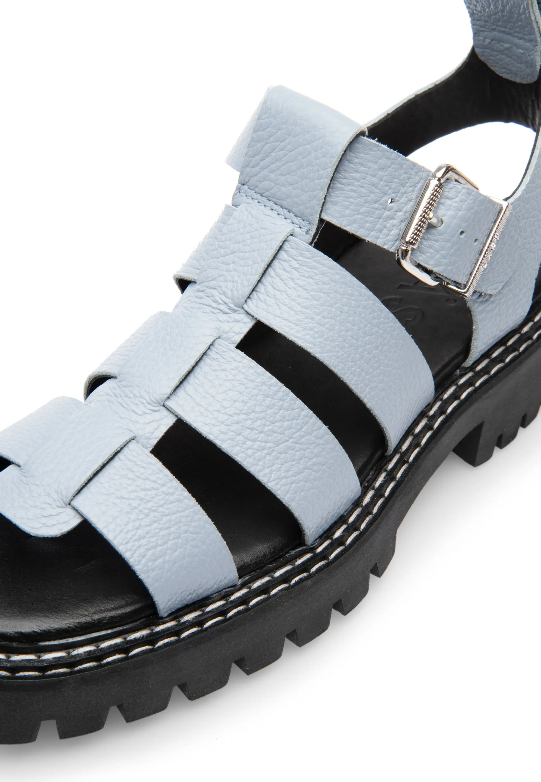 Daphny Dusty Blue Grained Leather Chunky Sandals