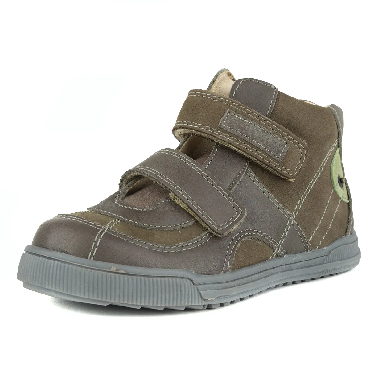 D.D. Step big kid boy supinated high-top shoes brown with green decor size US 11-1.5