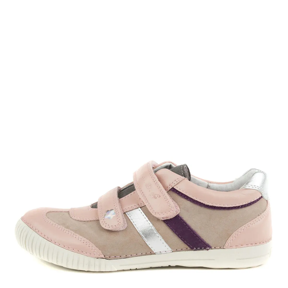 D.D. Step Big Kid Girl Double Strap Shoes Beige And Light Pink With Purple Silver Stripe - Supportive Leather From Europe Kids Orthopedic