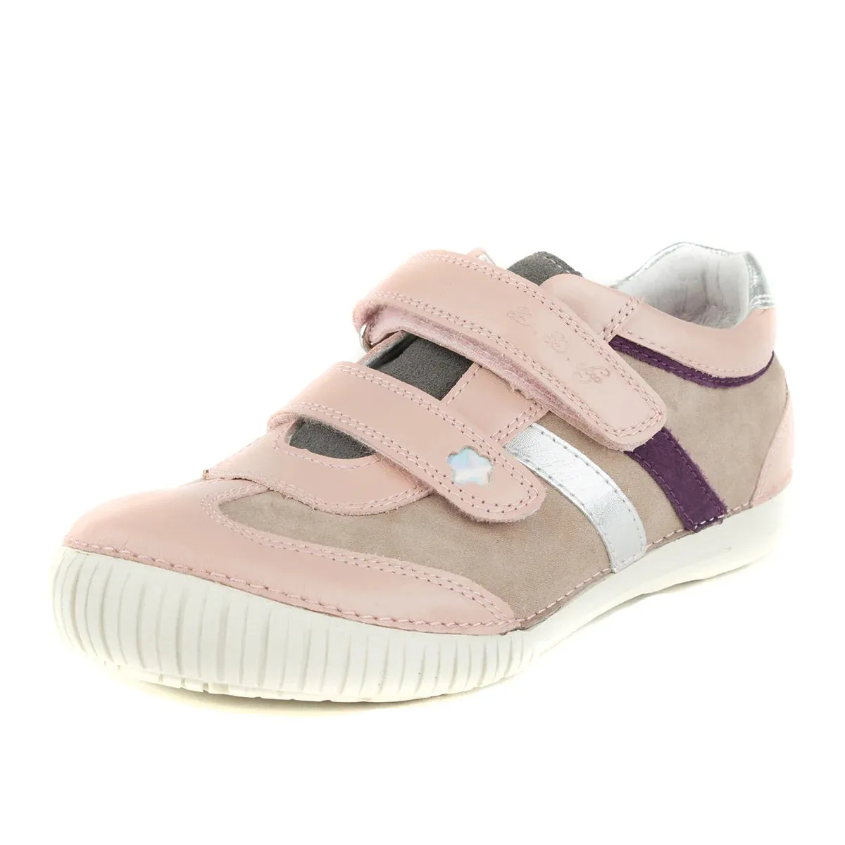 D.D. Step Big Kid Girl Double Strap Shoes Beige And Light Pink With Purple Silver Stripe - Supportive Leather From Europe Kids Orthopedic