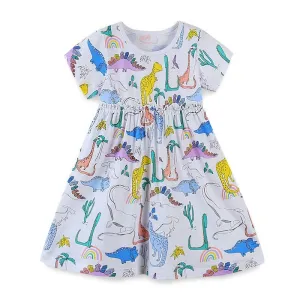 Dino Pattern Short Sleeve  Girls Summer Tutu Dress