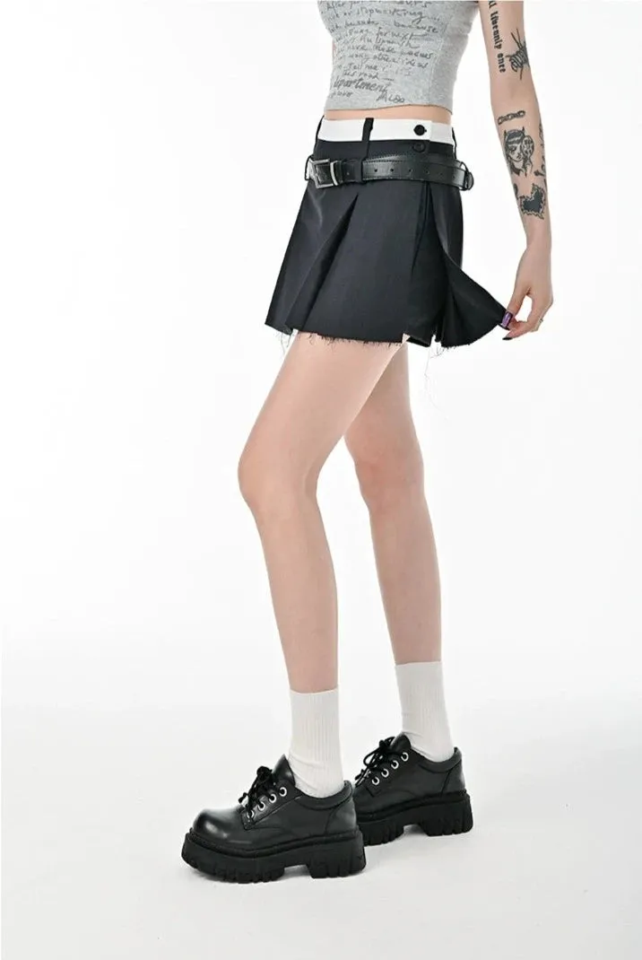 Distressed Hem Skort Pleated Mini Skirt