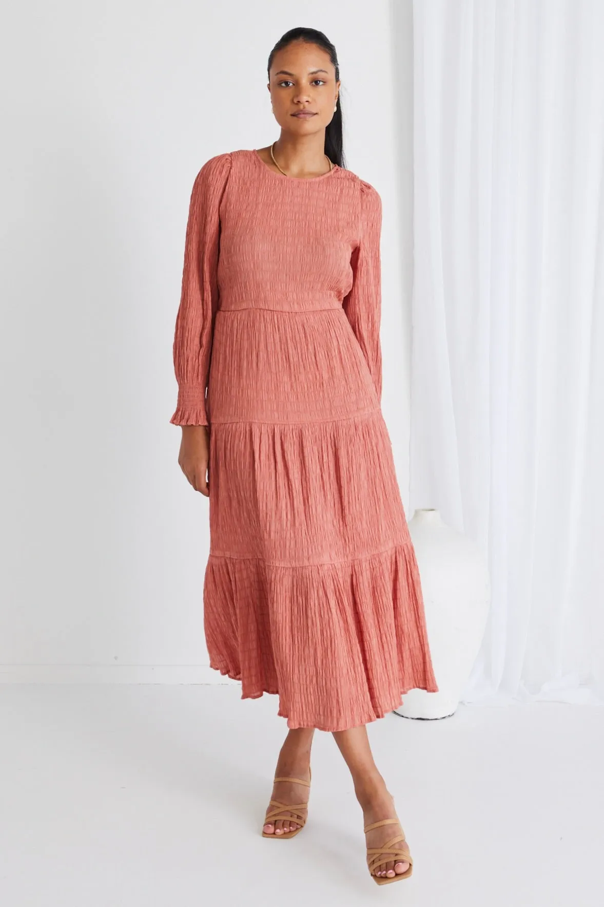 Effortless Clay LS Shirred Tiered Maxi Dress