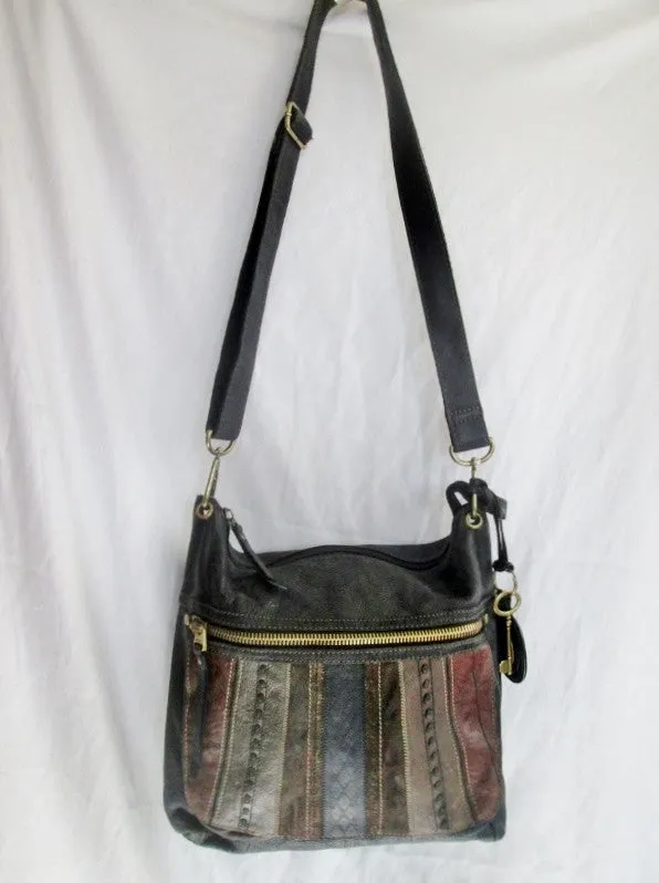 FOSSIL leather messenger satchel shoulder crossbody bag PATCHWORK BROWN KEY