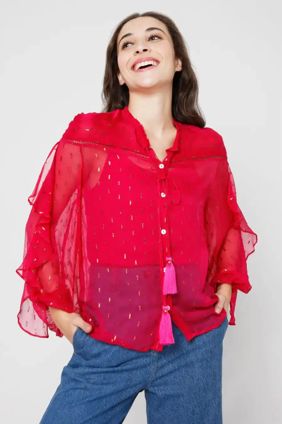 Fuschia Embroidered Cowl Shirt