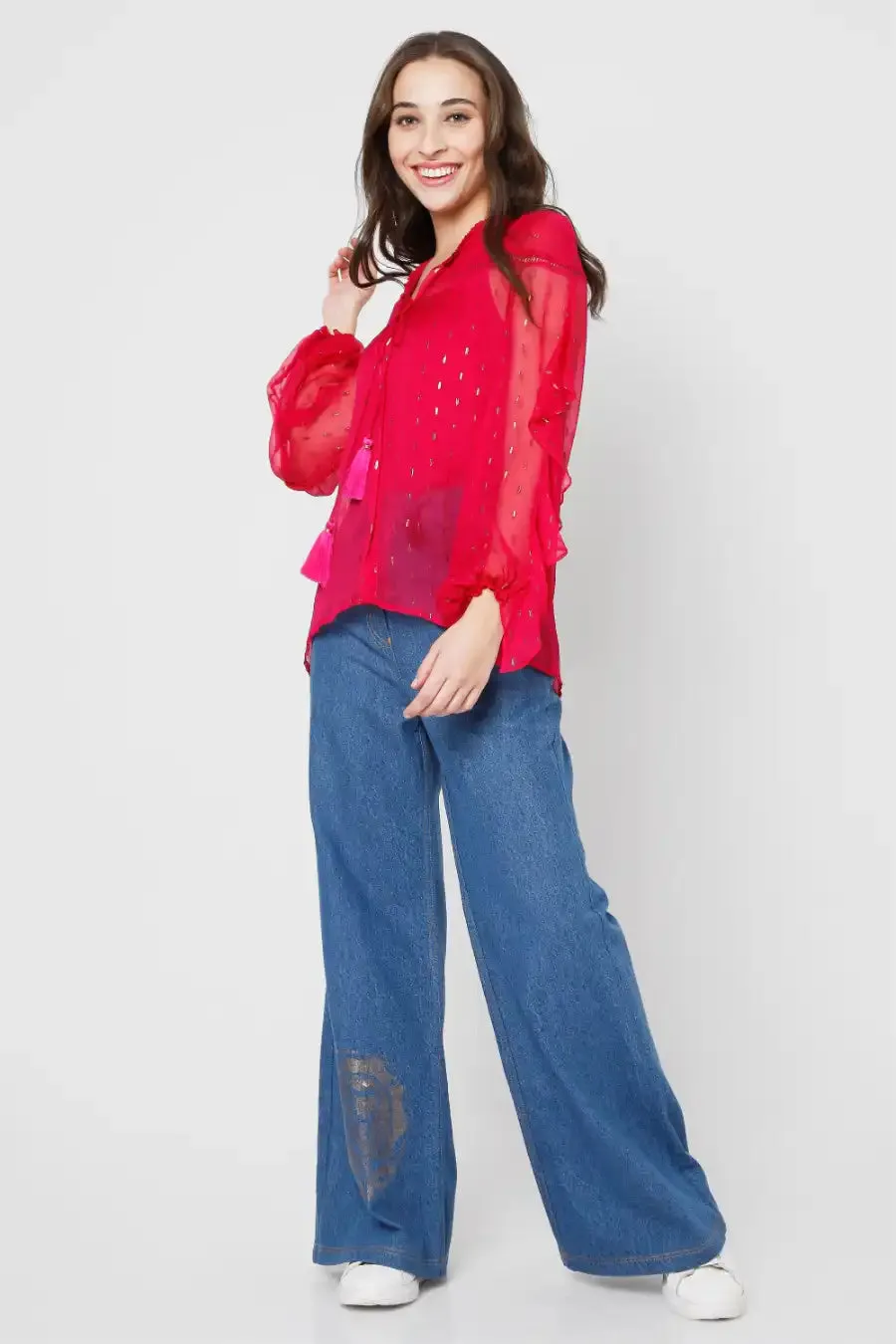 Fuschia Embroidered Cowl Shirt