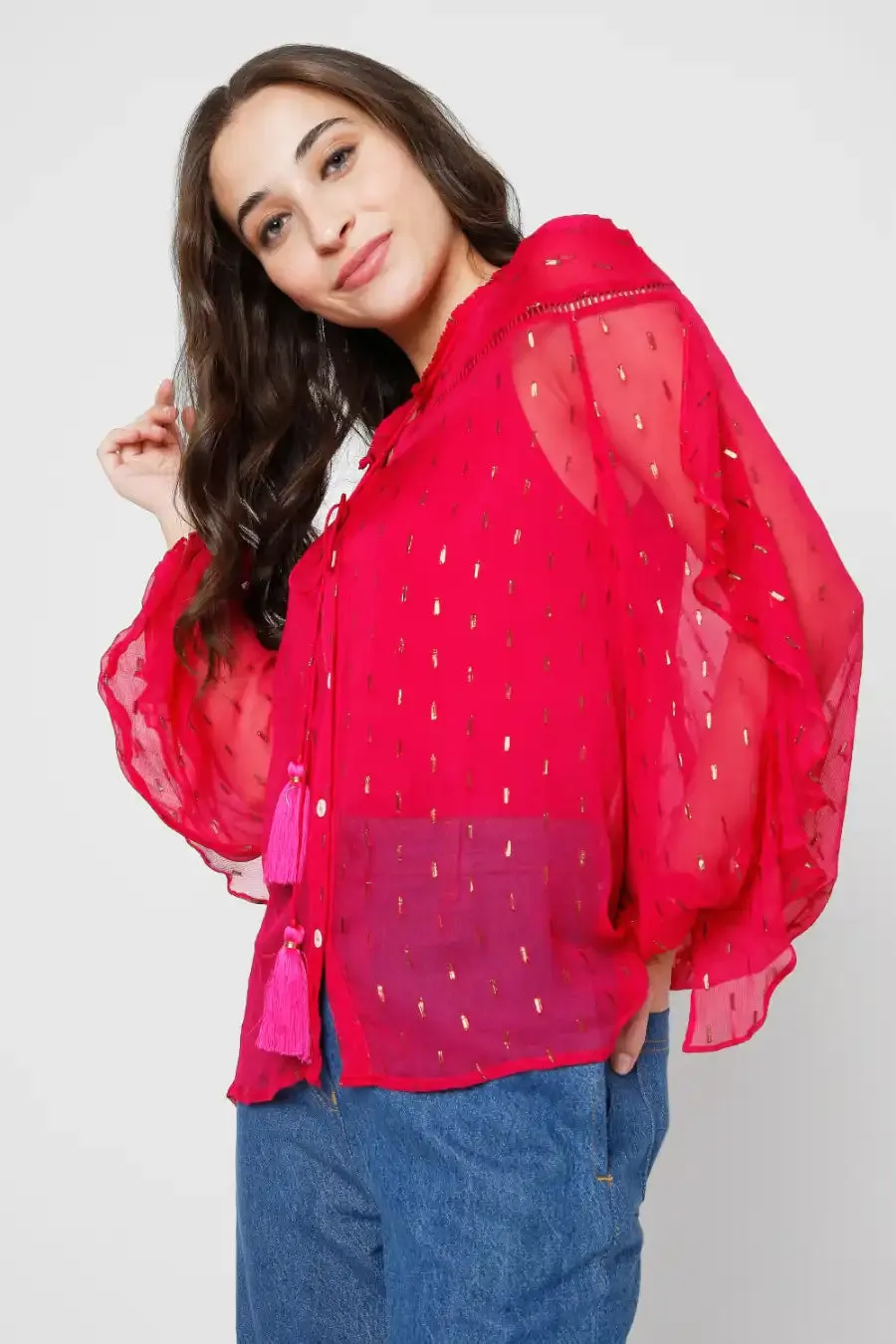 Fuschia Embroidered Cowl Shirt