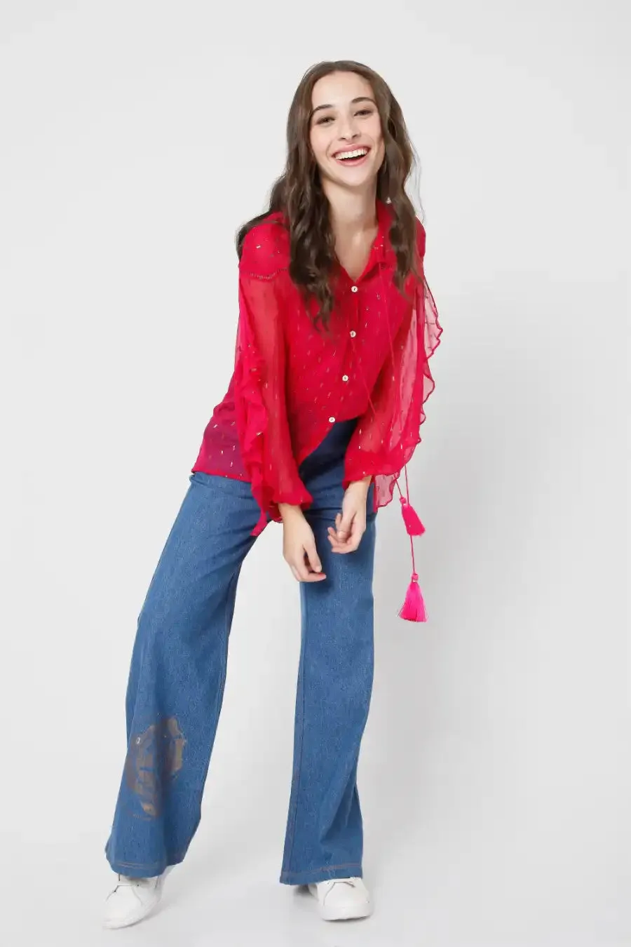 Fuschia Embroidered Cowl Shirt