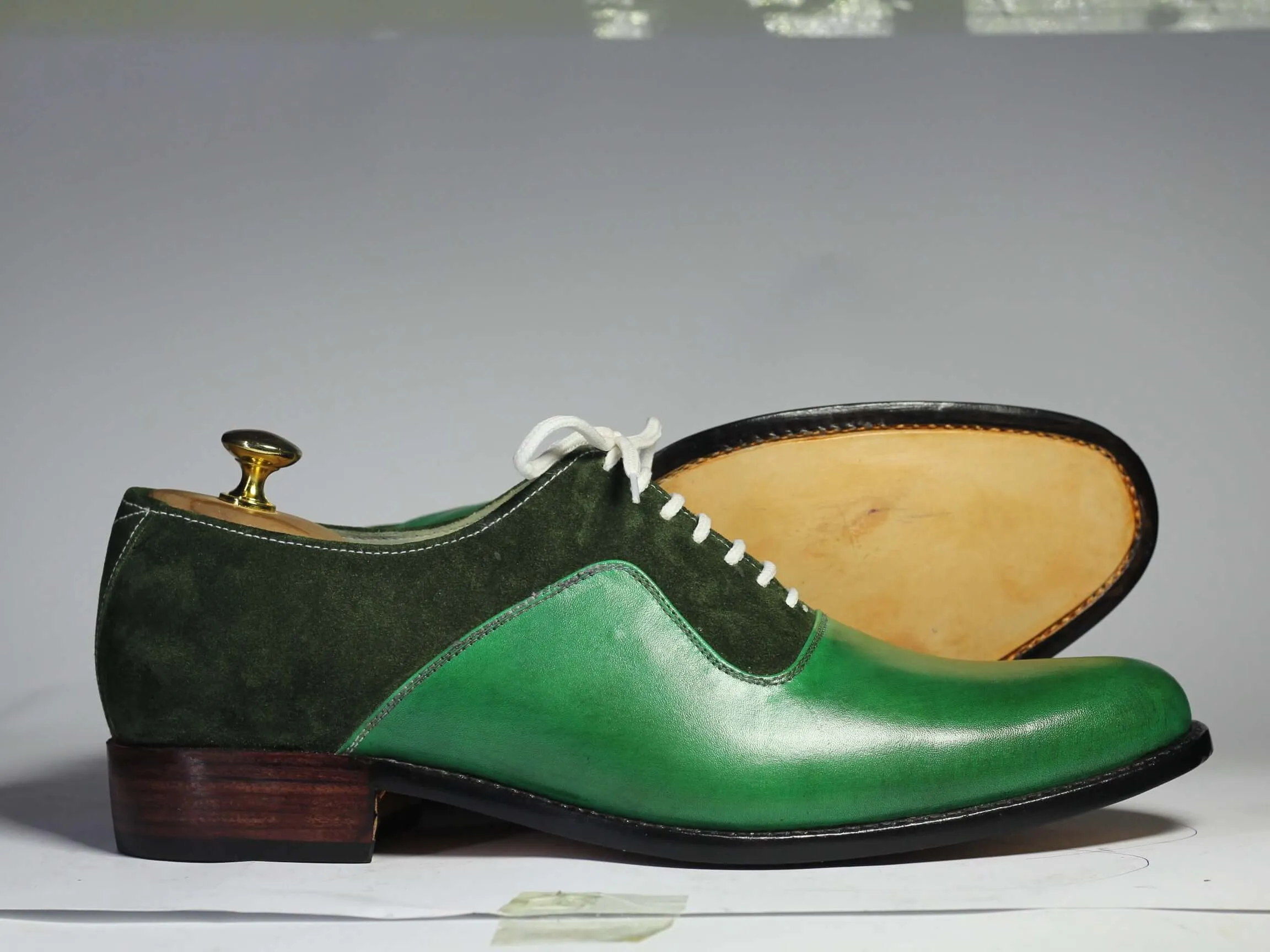 Handmade Men Green Leather & Suede Lace Up Shoes, Men Dress Formal Designer Shoes