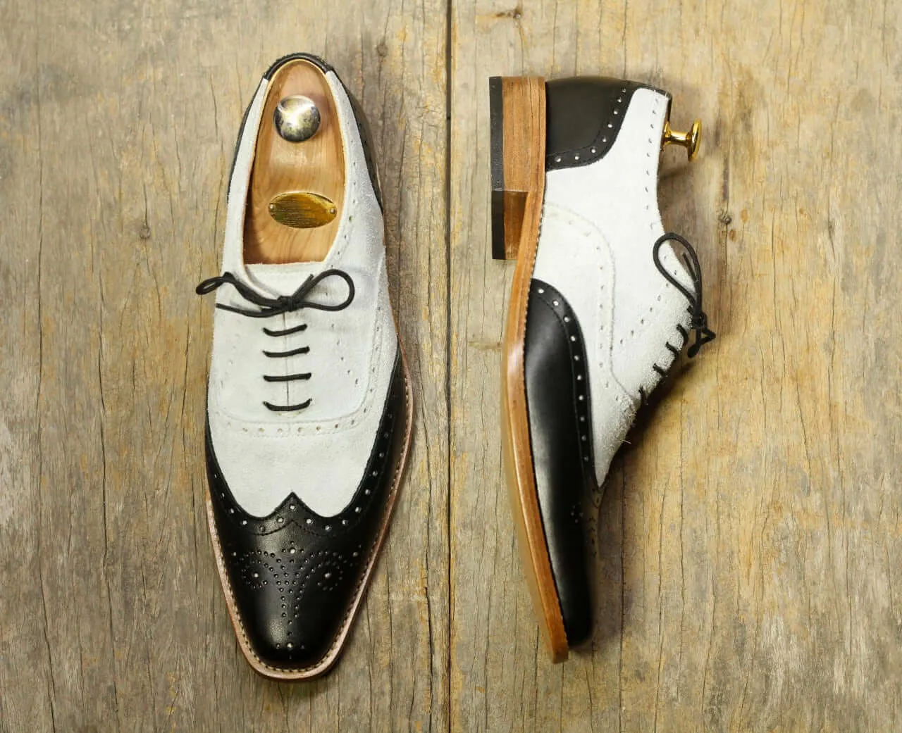 Handmade Men's Black & White Wing Tip Brogue Leather Lace Up Shoes, Men Designer Dress Shoes