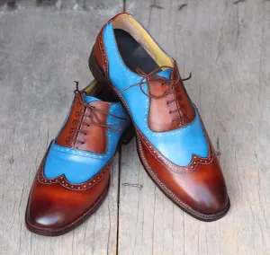 Handmade Men's Tan Blue Leather Wing Tip Lace Up Shoes, Men Designer Dress Formal Luxury Shoes