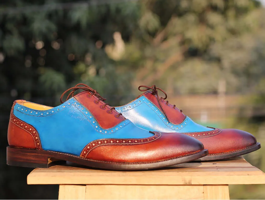 Handmade Men's Tan Blue Leather Wing Tip Lace Up Shoes, Men Designer Dress Formal Luxury Shoes