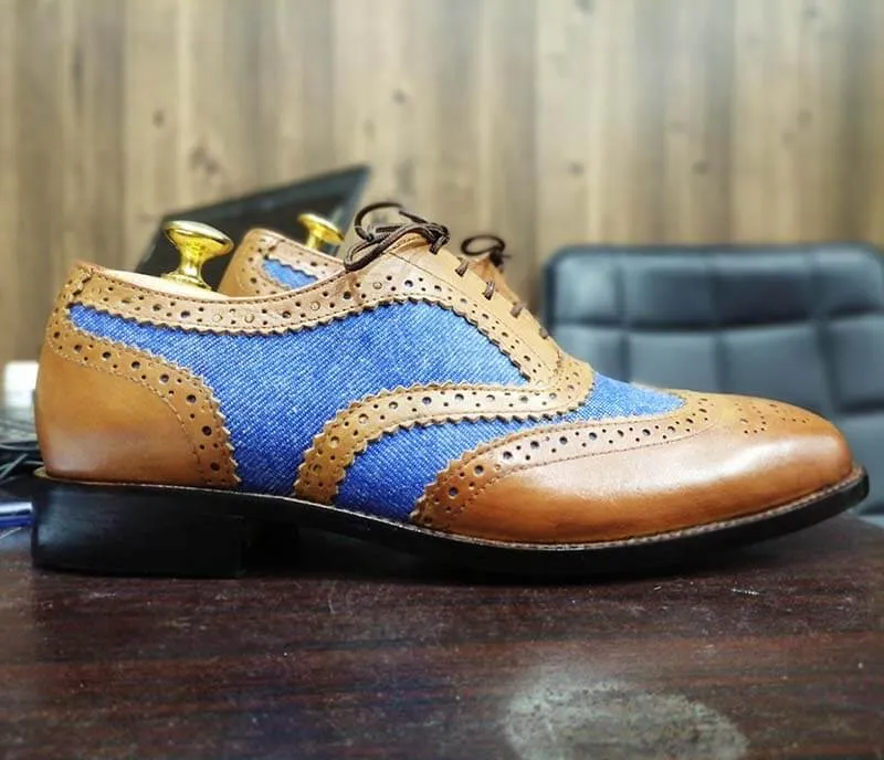 Handmade Men’s Tan Blue Wing Tip Brogue Shoes, Men Denim & Leather Dress Shoes