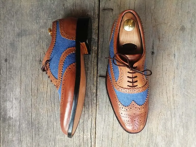 Handmade Men’s Tan Blue Wing Tip Brogue Shoes, Men Denim & Leather Dress Shoes