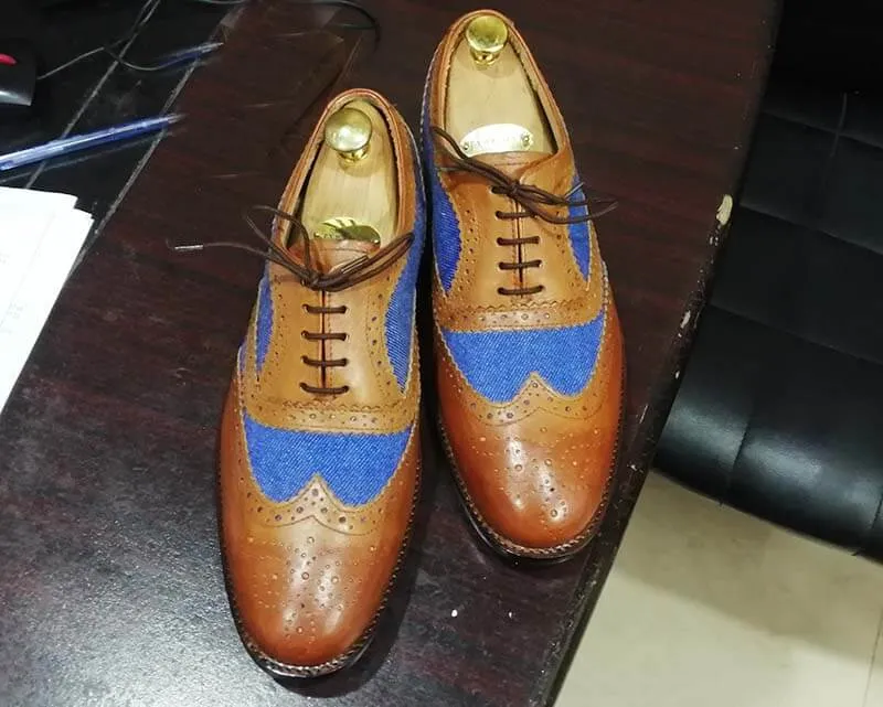 Handmade Men’s Tan Blue Wing Tip Brogue Shoes, Men Denim & Leather Dress Shoes