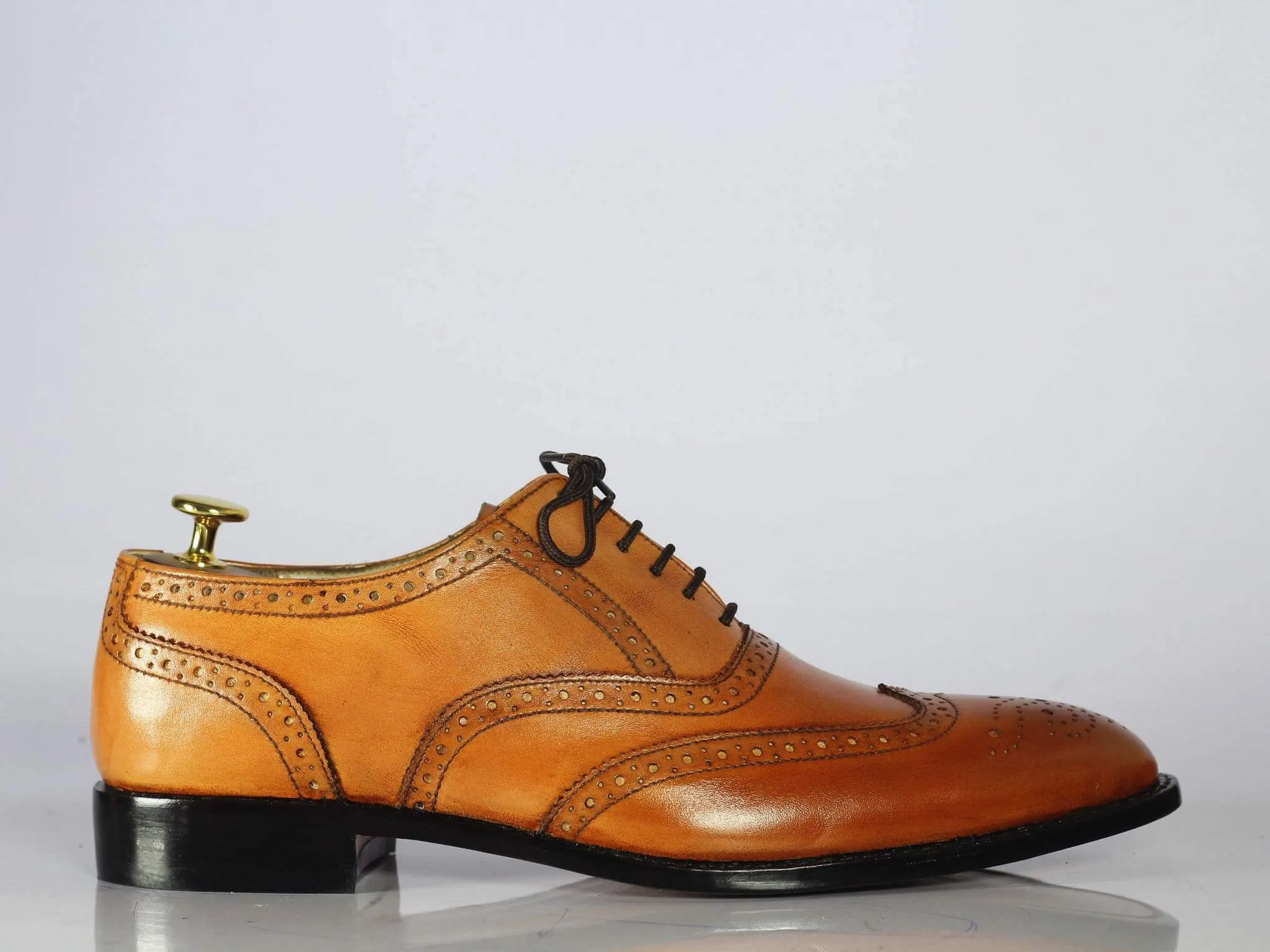 Handmade Men's Tan Leather Wing Tip Brogue Shoes, Men Designer Fashion Shoes