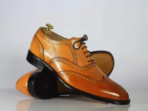 Handmade Men's Tan Leather Wing Tip Brogue Shoes, Men Designer Fashion Shoes