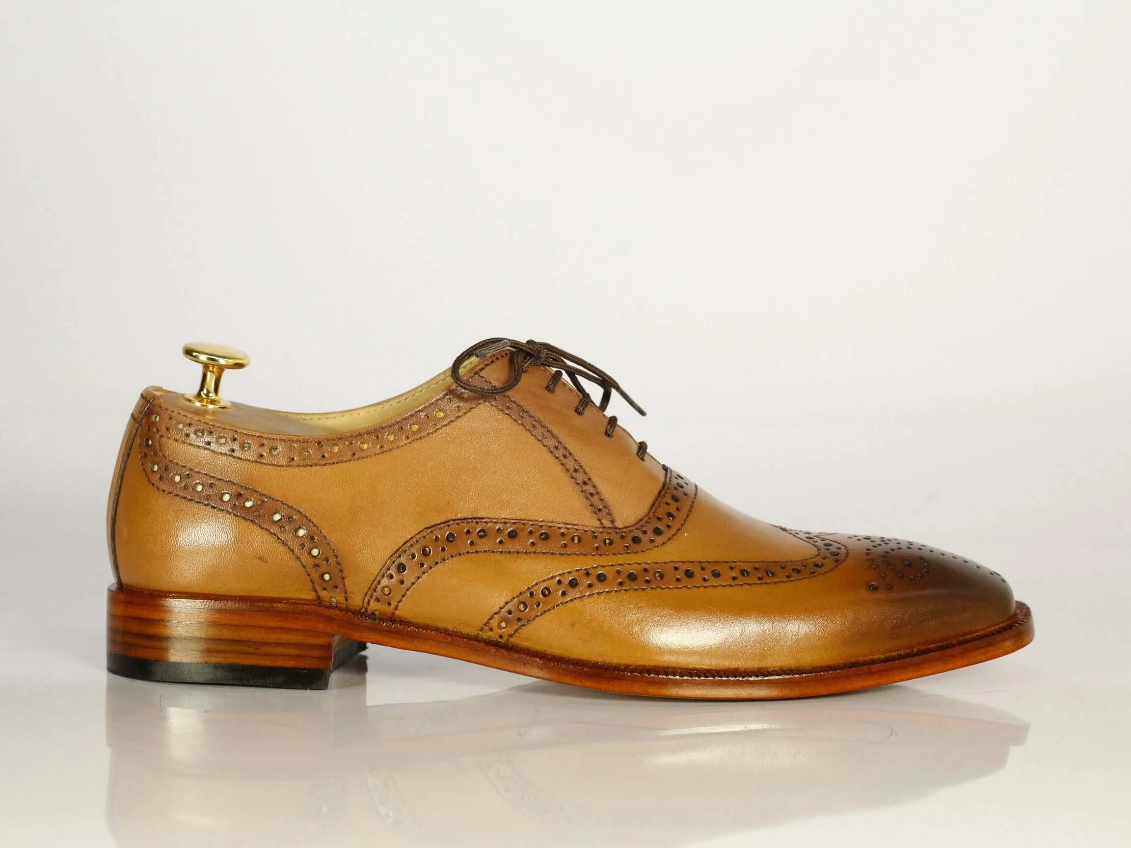 Handmade Men's Tan Wing Tip Brogue Leather Lace Up Shoes, Men Designer Dress Formal Luxury Shoes