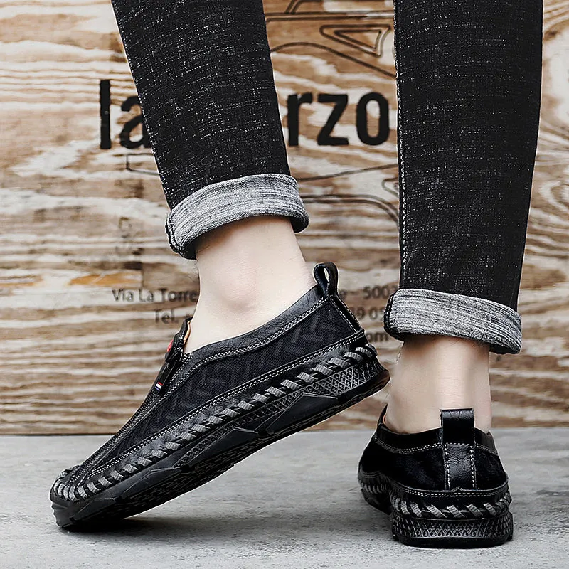 Men's Casual Moccasins Loafers Breathable Zipper Leather Shoes | 90888