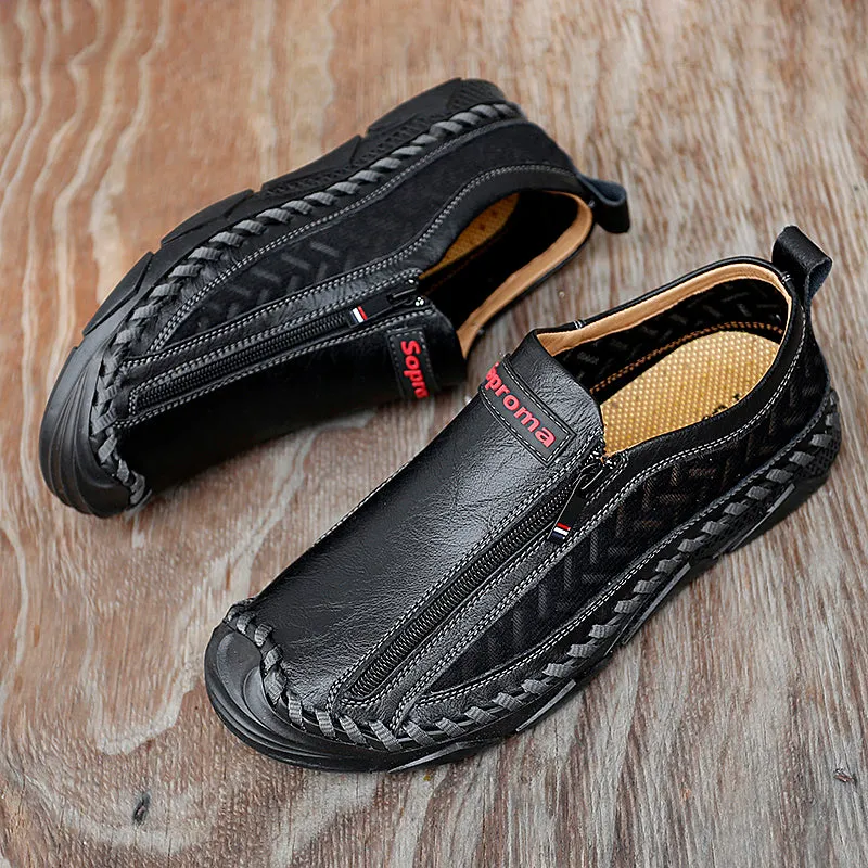 Men's Casual Moccasins Loafers Breathable Zipper Leather Shoes | 90888