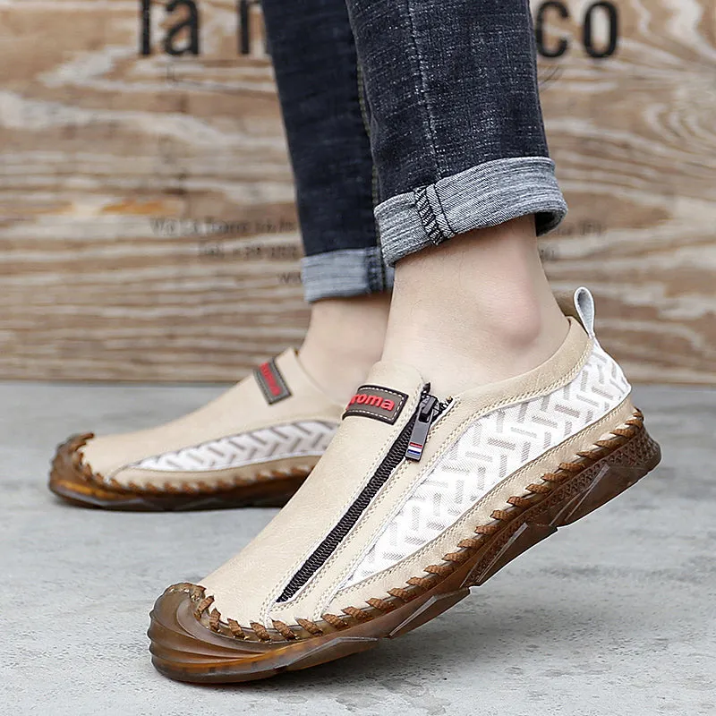 Men's Casual Moccasins Loafers Breathable Zipper Leather Shoes | 90888