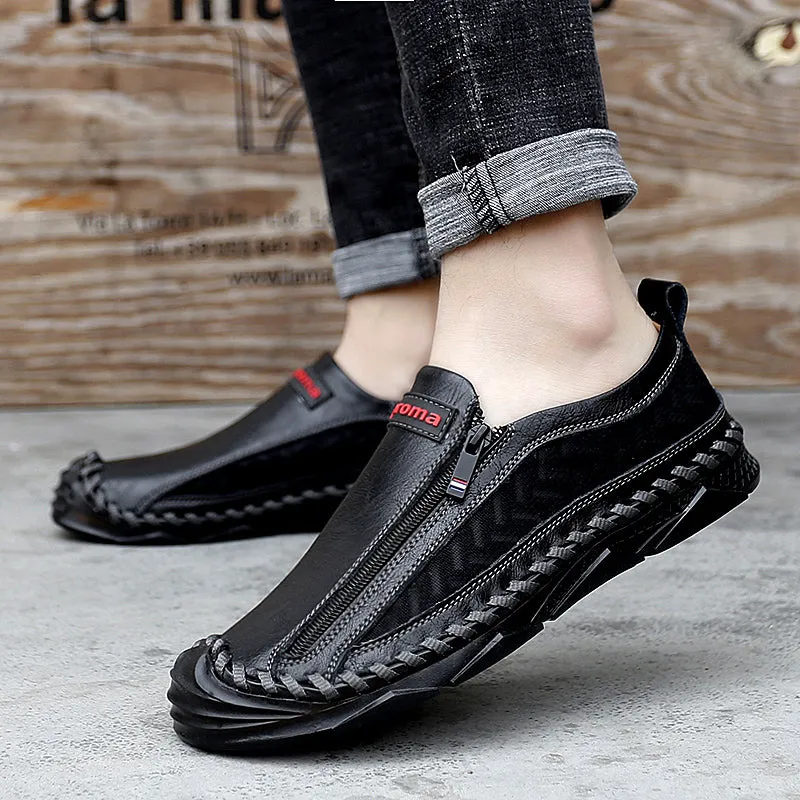 Men's Casual Moccasins Loafers Breathable Zipper Leather Shoes | 90888